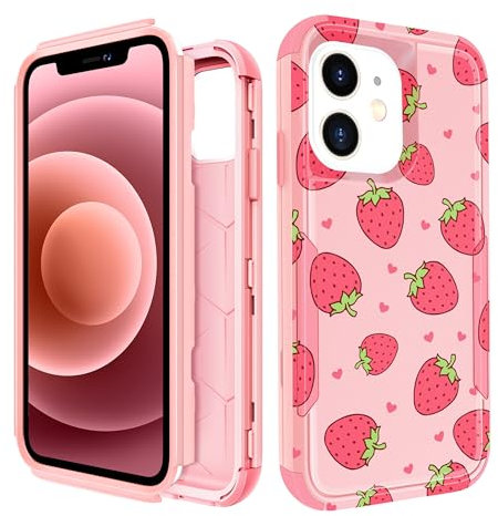 Pegmode for iPhone 12 Mini Case - Heavy Duty Protective Designer Strawberry Cute Cartoon Hard Shockproof Bumper Phone Cases for 12Mini for Girly Women Men Girls Boys Teens