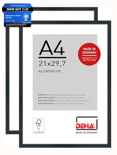 DEHA Design Aluminium Bilderrahmen Tribeca, 21x29,7 cm A4 2er Set, Schwarz | Aluminium Dokumentenrahmen im Hoch- & Querformat zum Aufhängen Schwarz gebürstet bruchsicheres Kunstglas
