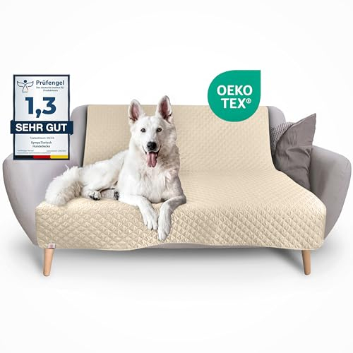 SympaTierisch wasserdichte Hundedecke - Robuste Hundematte als Schutz für Sofa & Bett - rutschfeste Hundedecke auch für große Hunde geeignet - in der Waschmaschine waschbar - 205 x 130 cm - beige