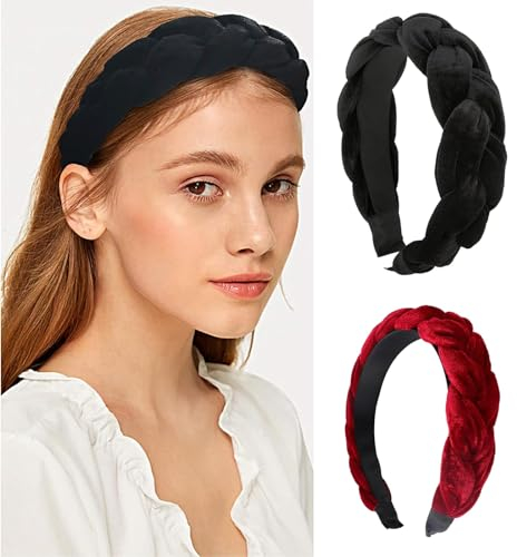 MisFun 2 Stück Samt Haarreif, Haarreifen Damen, Haarreif Geflochten, Geflochtenes Stirnband, Vintage Gepolsterte Haarreifen, Breit Haarband, Kopfband für Damen und Mädchen(Schwarz, Rot)