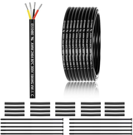 Câble 4 conducteurs 18 AWG 4 x 0,75 mm² - 15 m - 18 AWG - 4 fils en cuivre étamé - PVC 18AWG - 4 fils pour DC 5 V/12 V/24 V, éclairage LED, câble d'extension de voiture, etc., certification CE
