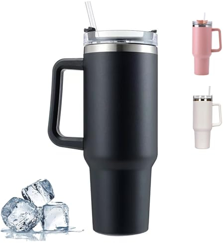 CLHXWU Mug Isotherme Avec Paille Et Poignée,1200ml/40oz Mug Isotherme Café,Travel Mug,Tasse Isolée À Vide En Acier Inoxydable À Double Paroi Sans BPA (Noir)