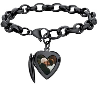 Supcare Schwarz Herz Anhänger mit Foto Medaillon Armband für Frauen Damenarmband mit Bilder Fotoarmbänder Gravur Edelstahl Armreifen Locket Bracelet Womens Memorial Armband Modeschmuck für Jahrestag
