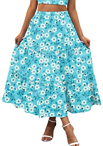 Faltenrock Einfarbig Klassisch Röck Mit Blumenmuster Hohe Bund Lässig Geräumiger Saum Atmungsaktiv Plissee Röcke Midi Lang Elastisch Taille Plisseerock High Waist Damen Lockere Rock (ZA-Blue, S)