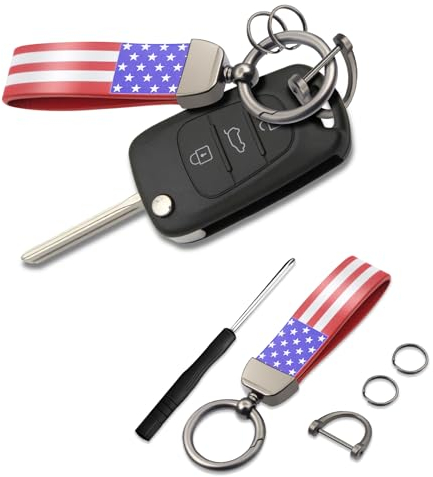 deemars Porte-clés Américain de Voiture de Drapeau des Etats-unis, Porte-clés en Cuir Microfibre Avec Anneau en Alliage de Zinc, Porte-clés Accessoires Automobiles (Rouge Le drapeau-Le drapeau)