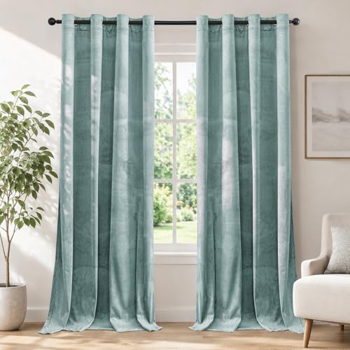 Ystyle Samt Vorhang Blickdicht 2er Set, H300 x B140 cm, Graugrün | Wasserabweisend Gardinen Wohnzimmer Modern, Thermovorhang Hitzeschutz Kälteschutz, Verdunklungsvorhänge per Soggiorno