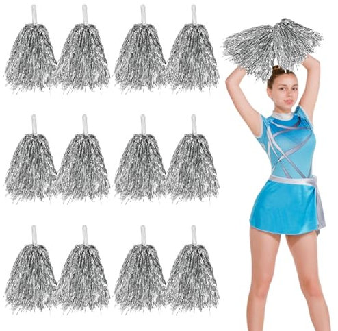 12 Stück Cheerleading Pompons Cheerleader Pom Poms Sport Pompons Cheers Ball Pompoms Handblumen Metal Foil Ponpons Mit Griffen Für Sportveranstaltungen Tanz Nacht Party Ballspiele (Silber)