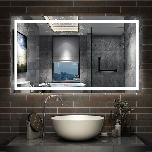 AICA Miroir de Salle de Bain LED avec Bluetooth 140x80cm, Miroir Lumineux avec Horloge + 3 Couleurs + Dimmable + Anti-buée,Miroir Mural Interrupteur Tactile Étanche