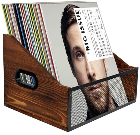 S&H Kaide Vinyl Record Storage Crate - Desktop Pine Wood & Metal Record Holder, 60-Record Capacity LP Album Organizer