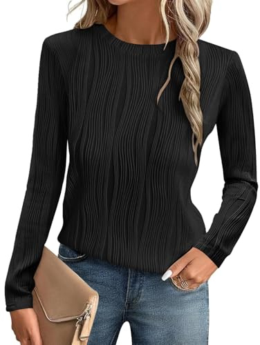Gemulate Long Sleeve Tops Women Dressy Casual Ladies Blouses T-Shirts | Crewneck Trendy Basic Loose Textured Blouses Outfits