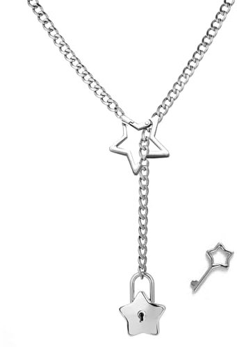 QKEOISUD Womens Slip Chain Necklace Star Shaped O-Ring,Punk Rock Link Chains Necklace, Adjustable Stainless Steel Lasso Star-Shaped Jewelry, Fashionable and Trendy Item, Lock Core With Key (Silver)