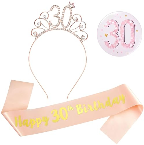 Xrten Geburtstag Schärpe zum 30,Birthday Girl Headband,Roségold-Geburtstagsschärpegeburtstagsfeier 30-Jahre Alte Set Haarreifen,Krone Band, Zinn Brust Abzeichen Set,Geburtstag Geschenke Frauen Deko