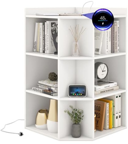 CASART Corner Bookcase with Charging Station, 4-Tier Cube Bookshelf Open Storage Cabinet, Triangle Book Shelf Wooden Storage Unit for Living Room Office Bedroom Playroom (White)
