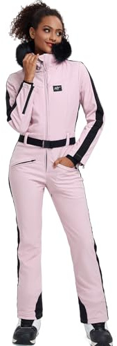 ALSOGO Skianzug Frauen ein Stück Schneeanzug isoliert wasserdicht winddicht Schnee Outfits Jumpsuits mit abnehmbaren Pelzkragen