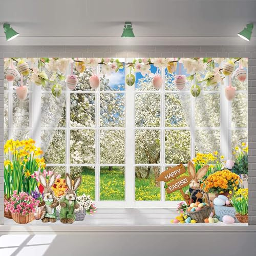 Toile de fond de fenêtre printanière 3 x 2,4 m, paysage de Pâques, arbre de la forêt, œufs, fleur, fond pour photographie sur le thème de Pâques, décoration de fête d'anniversaire