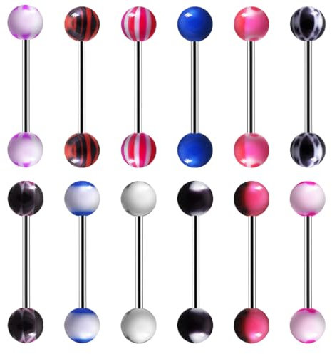LuLiyLdJ Lot de 12 Piercings de Langue en Acier Inoxydable 14 g Couleurs Aléatoires 16mm Langue Anneaux Bar Piercing Bijoux pour Femmes Hommes piercing langue percing a la langue