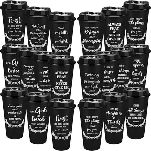 MSYU 20 Pcs Reusable Christian Coffee Cups 470 ml Travel Coffee Mug Religious Bible Verse Plastic Tumblers with Lids for Cold Drinks Bulk Christian Gifts for Men Women (Black)