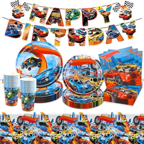 Luftballon Autos Geburtstag Deko, Rennauto Partygeschirr Set Deko Geburtstag Pappteller Kindergeburtstag Banner Partyzubehör Party Tischdecke Becher Geburtstagsdeko Mädchen Jungen Kinder 10-20 Gäste
