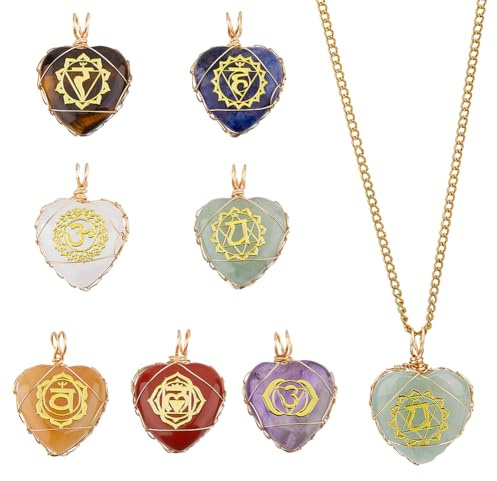 SUPERFINDINGS 7 Stück 7 Stile Anhänger Aus Natürlichem Edelstein Herzanhänger Drahtumwickelter Herzsteinanhänger Chakra Kristallanhänger Für Die Herstellung von Ohrringen Und Halsketten