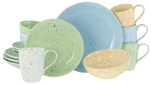 CreaTable, 24280, Serie Confetti Bunt, 16-teiliges Geschirrset für 4 Personen, Kombiservice aus Steinzeug, spülmaschinen- und mikrowellengeeignet, Qualitätsproduktion