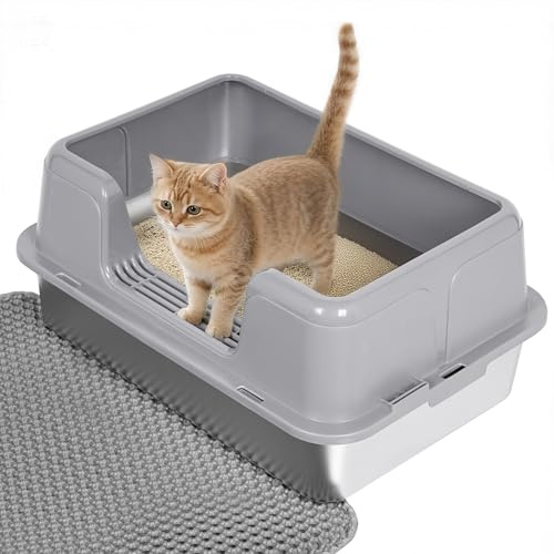 Citylife Katzenklo Edelstahl, Katzentoilette mit Katzenstreumatte und Schaufel, Offen Hoher Rand, Auslaufsicher, Geruchsfrei, Nicht klebriger Boden, Einfache Reinigen, Grau, 50 x 35 x 23 cm