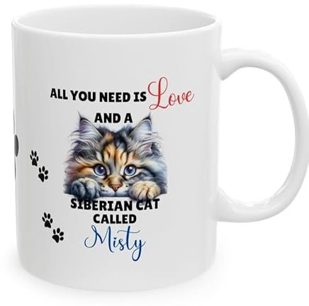 Personalised Siberian Cat Coffee Mug, White Ceramic, Pet Lover Gift with Paw Print Design, All You Need is Love, Feline