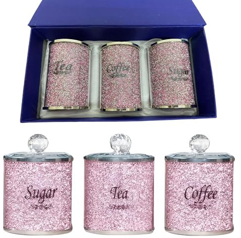 Crushed Diamond Tea Coffee Sugar Canister Set with Airtight Lids Kitchen Storage Jars Bling Crystal Pink Containers for Countertop Decor Modern Home Display