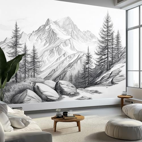Papier Peint Montagnes Forêts Rochers Peints, Peinture Murale Intissé Photo Noir et Blanc Mural Poster Salon Chambre Mur de fond Chambre des Enfants Bureau Décoration de Maison, 450 x 315 cm (L x H)