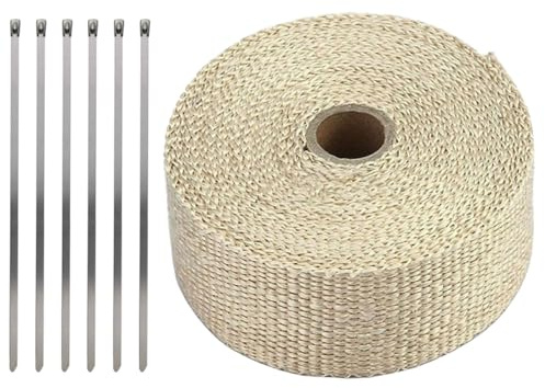 LKRXW Bande Thermique Échappement Fibre de Verre Ruban Bande Isolante | Collecteur d'échappement de Moto Tuyeau Isolant Thermique Protection Silencieux Voiture Beige 5CM X 5M avec 6 Attaches
