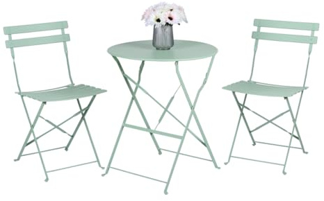 Arti Casa Salon de Bistro 3 Pièces Vert - Ensemble Jardin Métal Pliable - Table Ronde avec 2 Chaises pour Terrasse ou Balcon