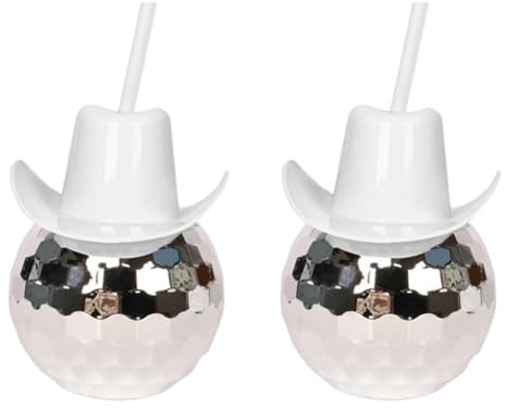 Danlai Ball Cups with Cowboy Hat Lids & Straws 2pcs Sparkly Party Tumbler Reusable Electroplated Drink Cups for Bar Party
