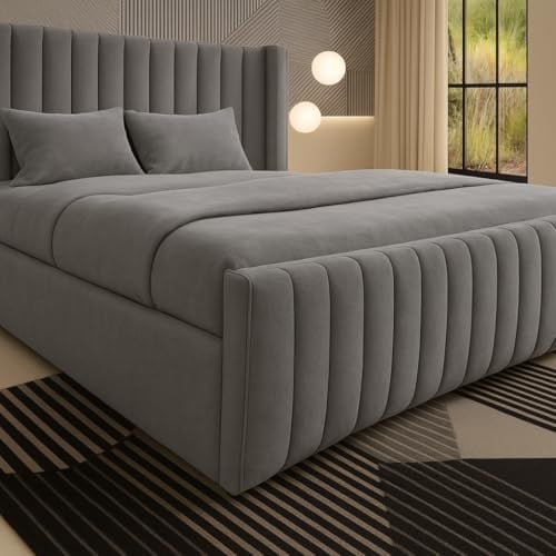 Luxury Chesterfield Winged Panel Bed Frame |- Double King Superking Sizes - Optional Gas Lift & Mattress - UK Made (Grey Plush, King 5ft with Mattress)