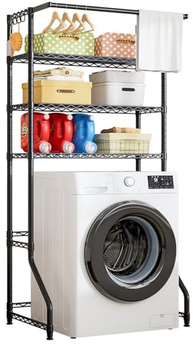 FTEYUET Washing Machine Storage Unit, Over The Washer and Dryer Storage Shelf, Laundry Room Metal Drying Rack with Towels Hangers, Space Saver with Adjustable Shelves (Black, 50 D x 86 W x 197 H)