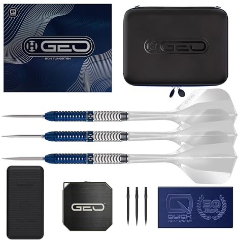 Harrows GEO Parallel 90% Tungsten Darts Premium Set mit Solo integrierten Flights mit Shafts, Steeltip Darts 23g, 24g & 25g | Inkl. Quick Point System Tool & Ersatzspitzen, GEO Case & Vault Case