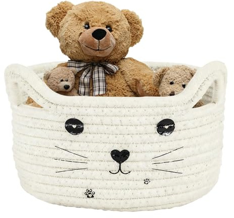 HUANR Blanco Cestas Bebe, Cuerda de Algodón Cesta Juguetes Infantil | Lindo Gato con Forma Cesta de Almacenamiento Tejida, Se Utiliza para Guardar Toallas, Ropa y Juguetes