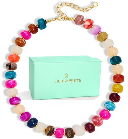 LILIE&WHITE Halskette Damen Bunt Harz Perlenkette - Große Walzenförmige Perlen Kurz Choker Statement Kette, Bunter Modeschmuck für Sommer Strand & Alltag, Verstellbar