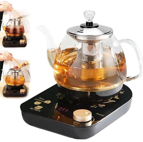 Hervidor y tetera de vidrio eléctrico compacto de 0,8 l, vidrio de borosilicato de 800 W con temporizador y control de temperatura, mantenimiento automático del calor inalámbrico para preparar