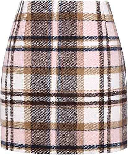 WINKEEY Mini Jupe Femme Crayon Écossaise Jupe Court Haute Taille Bodycon pour Automne/Hiver, Rose XL