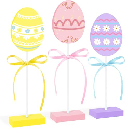 Wlicon 3 PCS Easter Eggs Wooden Table Signs Easter Eggs Wooden Tiered Tray Decor Spring Egg Tabletop Wood Sign for Tabletop Room Home Farmhouse Spring Party Decoration