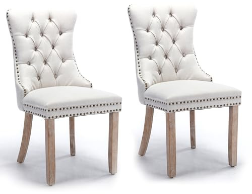 SEEDWAVE Esszimmerstühle 2er Set aus Leinen, moderner Küchenstuhl, Polsterstuhl mit Ringgriff, Nieten und Knopf-Rückenlehne, Holzfüße mit verstellbaren Fußpads, für Esszimmer und Küche (Beige)