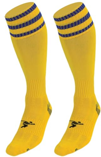 ND Sports PT 3 Stripe Pro Children's Football Socks, Yellow/Blue