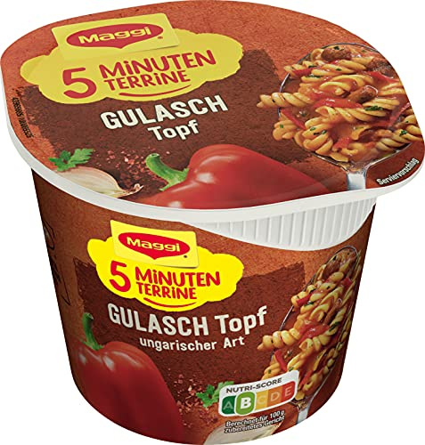 MAGGI 5 Minuten Terrine Gulaschtopf, leckeres Fertiggericht, Instant-Nudeln, mit pikantem Rindfleisch und ungarischen Kräutern, 1er Pack (1 x 57g)