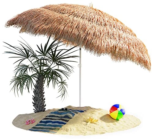 Kingsleeve Sombrilla de Playa Jardín Ø 160cm Protección UV30+ Hawaii Parasol Exterior Inclinable Rafia Hawaiano Color Natural