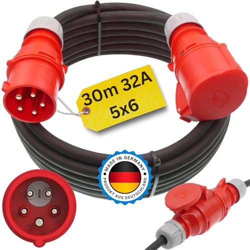 netbote24 Starkstromkabel 32A 30m mit Phasenwender H07RN-F 5x6 Starkstrom Verlängerungskabel CEE Verlängerung 16 Ampere Kabel 5x6mm2 Baustelle Werkstatt Industrie Geeignet Outdoor IP44