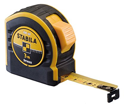 Stabila Taschenbandmaß BM 40, 3 m, mit doppelseitiger Skala und Spikes-Haken, schwarz/gelb, 3 m, 16 mm Bandbreite
