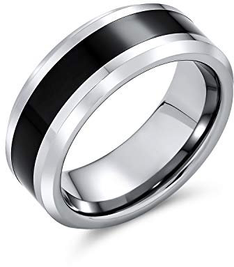 Bling Jewelry Einfacher zweifarbiger schwarzer mittlerer Paar-Titan-Ehering für Männer und Frauen, silberfarbige abgeschrägte Kante, 8MM