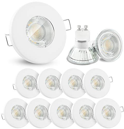 linovum 10x Einbaustrahler Set 5W flach IP65 weiß mit Wasserschutz - inkl. GU10 LED Lampe warmweiß - für Bad, Dusche, Außen