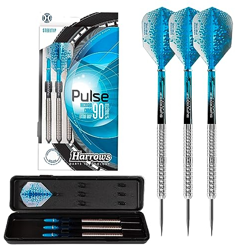 Harrows Pulse 90% Tungsten Darts | Steeldarts-Set mit Tragetasche | 21g, 22g, 23g, 24g, 25g & 26g | Enthält Supergrip Fusion Shafts und 100 Micron Prime Flights (23 Grams)