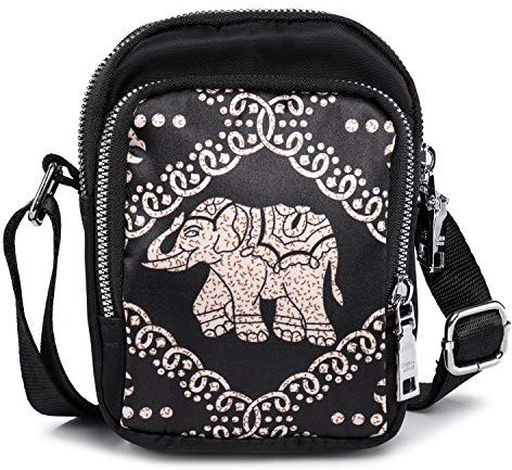 LaRechor Kleine Umhängetasche Handytasche zum Umhängen Elefant Damen Mini Crossbody Tasche mit 3 Fächer und Langer Riemen