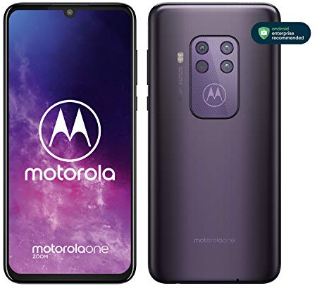 Motorola one Zoom mit Alexa Hands-Free (6,4”-FHD+Display, Vierfach-Kamerasystem; 128 GB/4 GB, Android™ 9 Pie, Dual-SIM-Smartphone) Lila-Metallic + Headset + Schutzcover